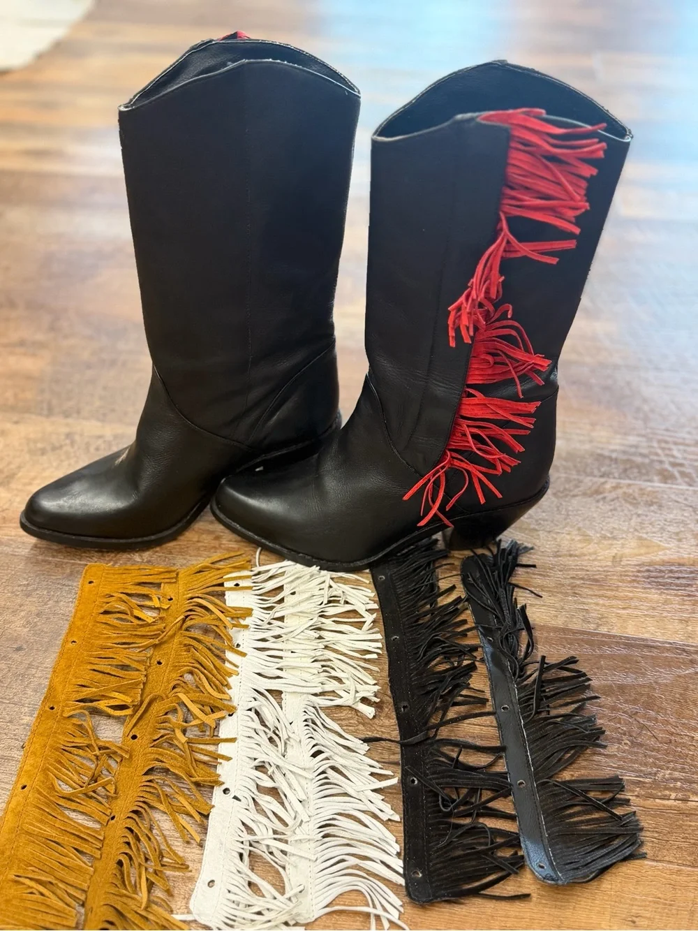 Dingo Vintage Women’s Black Leather snap on Fringe Boot - multi color fringe